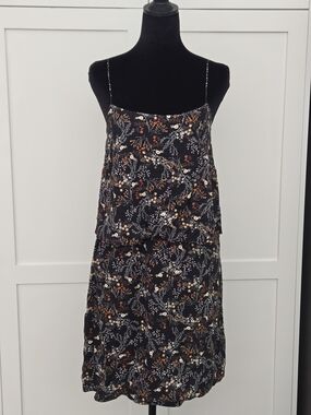 Only Black Layered Flowy Floral Midi Dress Cream Rust Orange Accents EU 34 XS 4